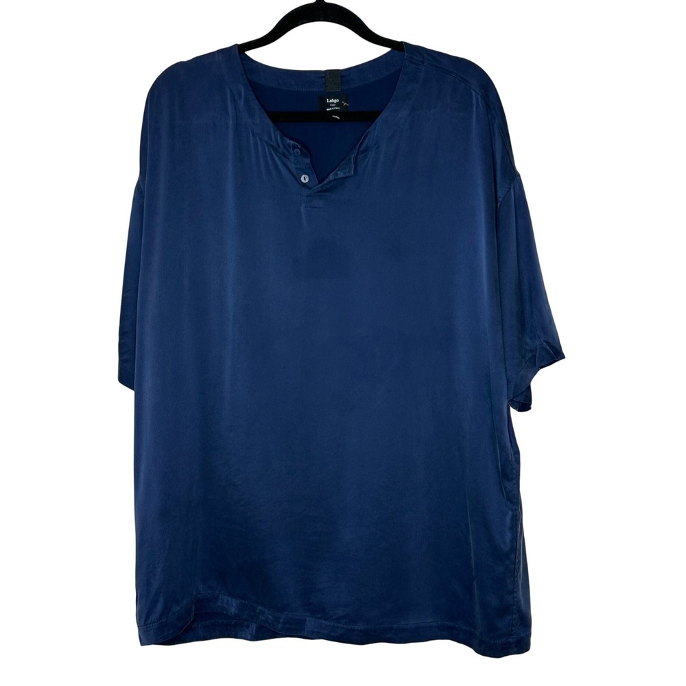 Lahgo Mens Large Blue Silk Henley Shirt Short‎ Sleeve Casual Lounge Top Lunya